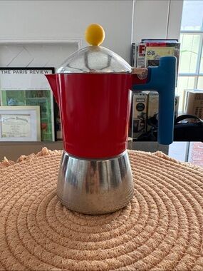 Red Stovetop Espresso Maker French Press with Blue Handle and Yellow Knob